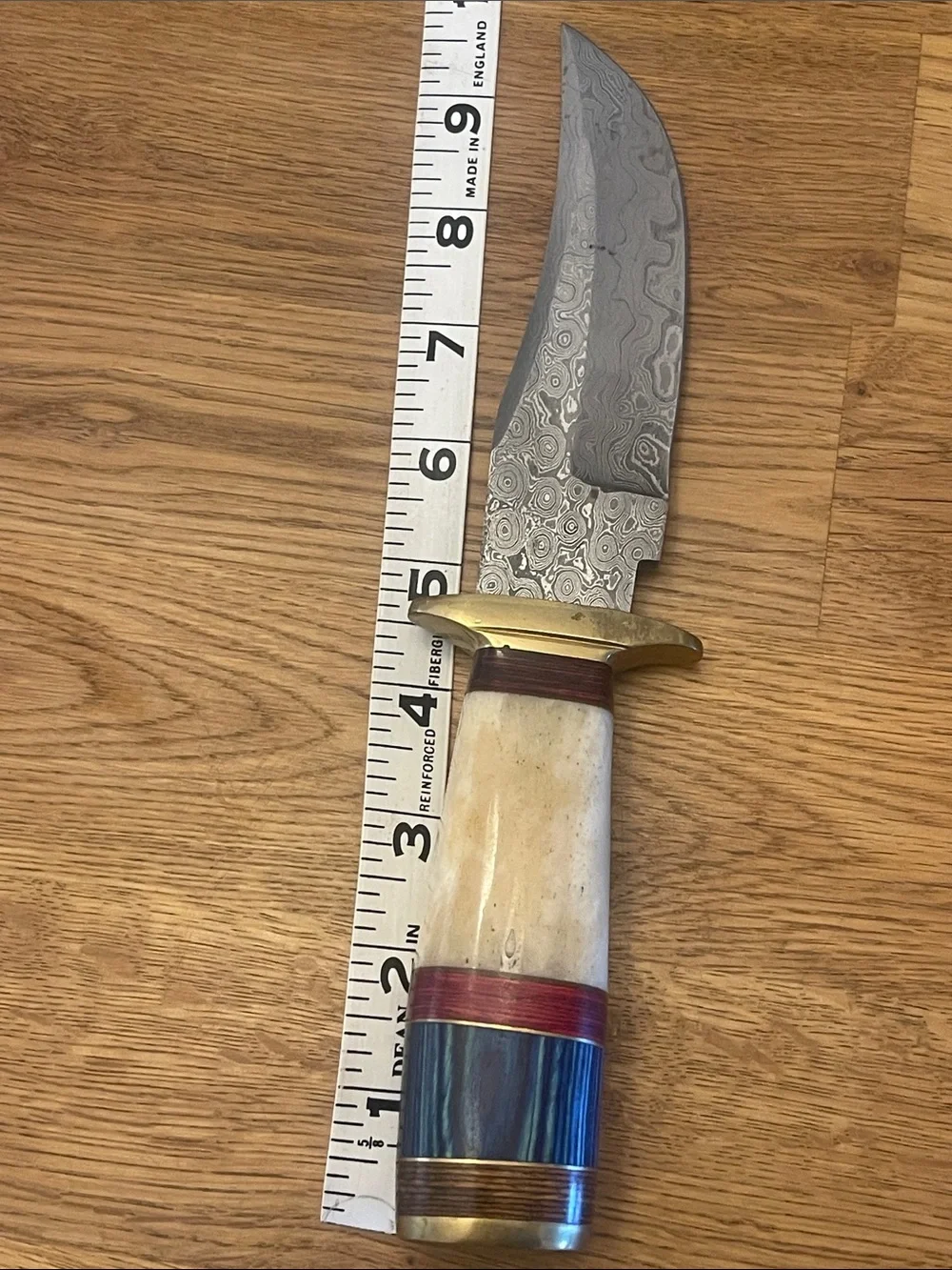 Damascus Blade Fixed Knife with Ivory-Tone and Blue Handle Accents